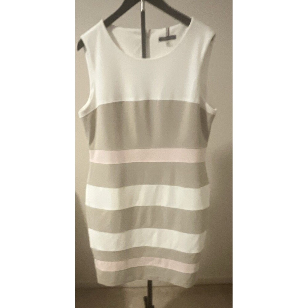 Tommy Hilfiger White Taupe Pink Striped Sheath Round Neck Knee Dress 16